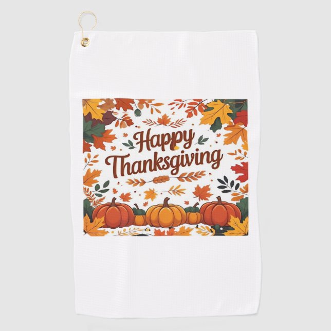 Happy Thanksgiving – Autumn Pumpkins & Fall Leaves Golf Towel (Front)