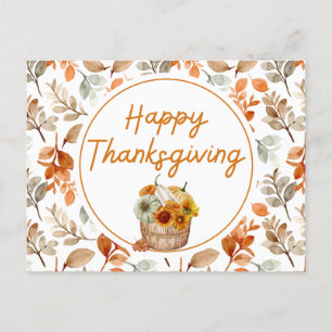 Happy Thanksgiving Autumn Pumpkins & Sunflowers Holiday Postcard