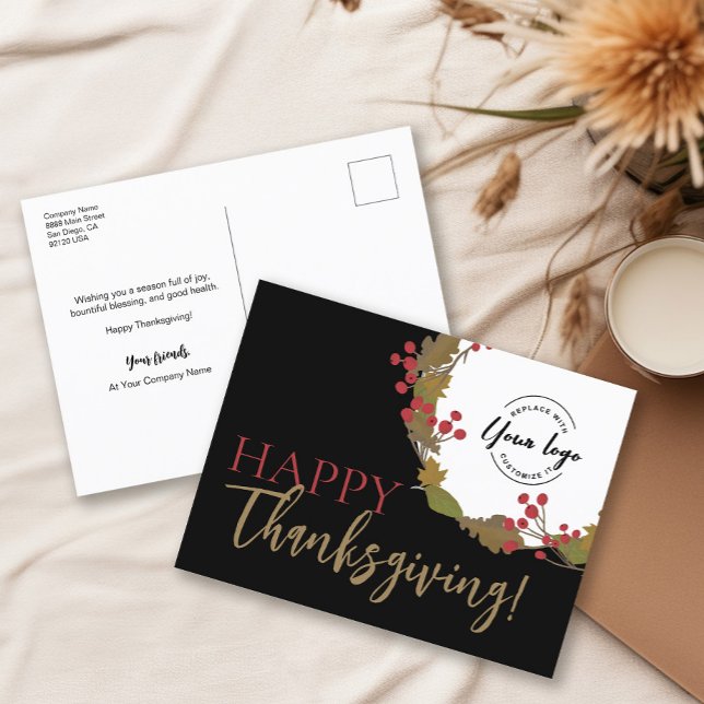 Happy Thanksgiving Autumn Wreath business logo Holiday Postcard (Happy Thanksgiving Business logo Thank you greeting card/)