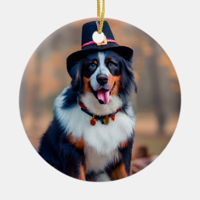 Happy Thanksgiving Bernese Mountain Dog Pilgrim Ceramic Ornament (Front)