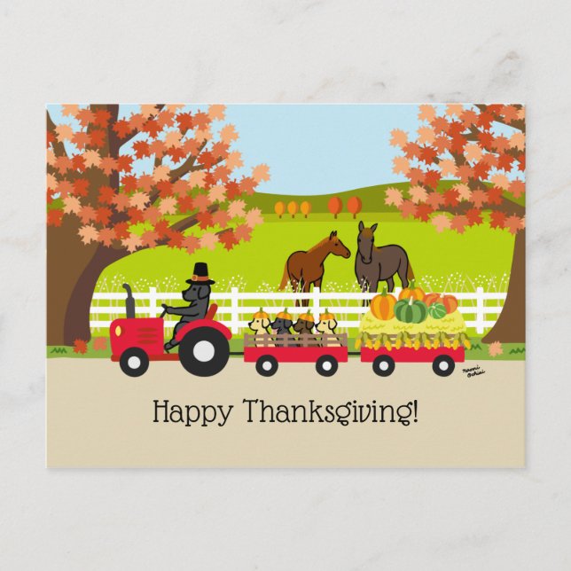Happy Thanksgiving Black Labrador Tractor Postcard (Front)