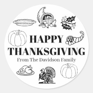 Happy Thanksgiving black white custom name favour  Classic Round Sticker