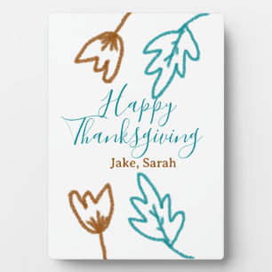 Happy Thanksgiving blue brown fall leaves flower h Plaque
