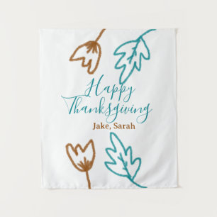 Happy Thanksgiving blue brown fall leaves flower h Tapestry