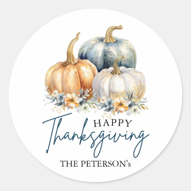 Happy Thanksgiving Blue Orange Gold Pumpkins Classic Round Sticker (Front)