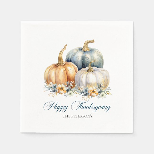 Happy Thanksgiving Blue Orange Gold Pumpkins Napkin (Front)