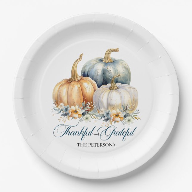 Happy Thanksgiving Blue Orange Gold Pumpkins Paper Plate (Front)
