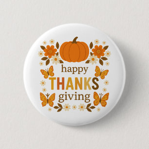 Happy Thanksgiving Boho Floral Pumpkin Butterfly 2 Inch Round Button