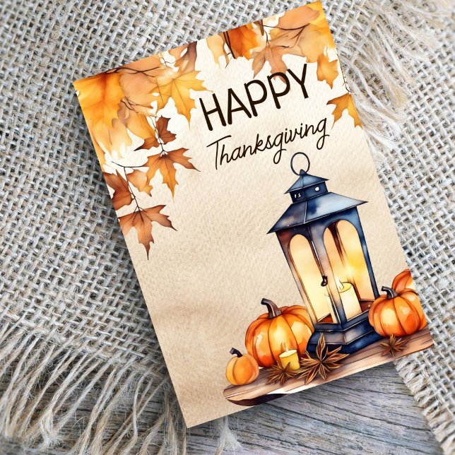 Happy Thanksgiving boho pumpkin lantern watercolor Holiday Card (Happy Thanksgiving editable template greeting card rustic watercolor lantern with candle maple leave)