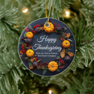 Happy Thanksgiving Business Pumpkin Wreath Custom Ceramic Ornament