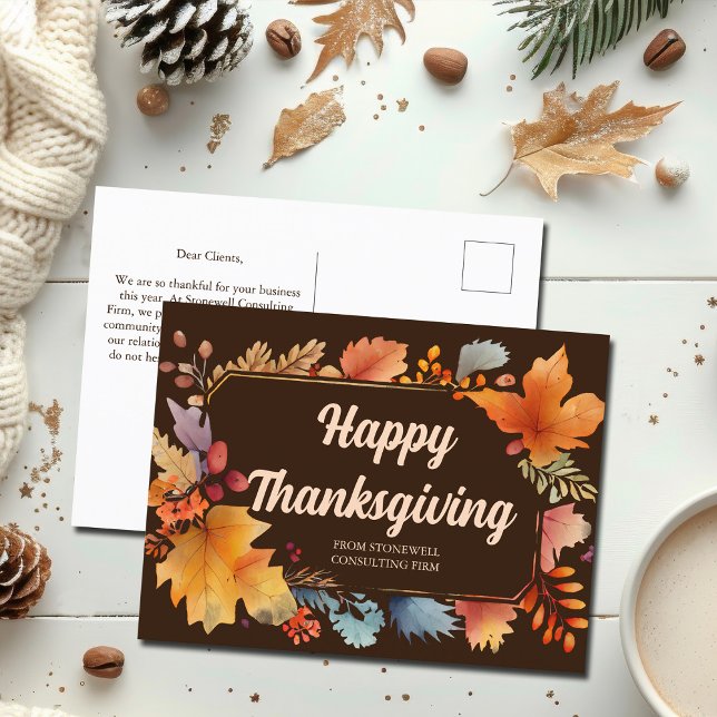 Happy Thanksgiving Business Vintage Leaves Brown Postcard (Creator Uploaded)