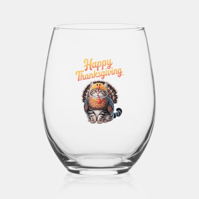 Happy Thanksgiving Cat Turkey Day Fall Classic T-S Stemless Wine Glass (Front)