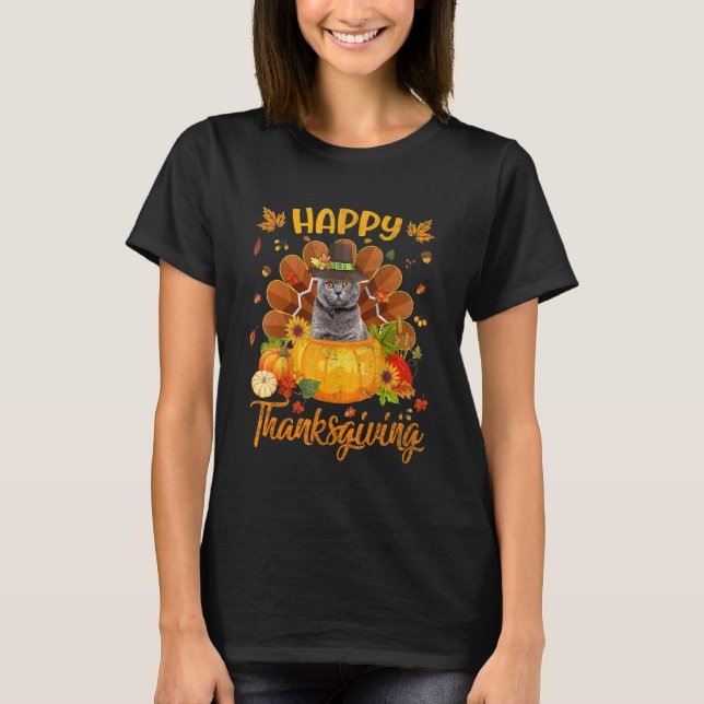 Happy Thanksgiving Cat Turkey Pumpkin T-Shirt (Front)