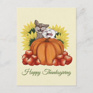 Happy Thanksgiving Cats with Pumpkin and Sunflower Postcard