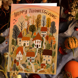 Happy Thanksgiving Charming Autumn Village Fall Card