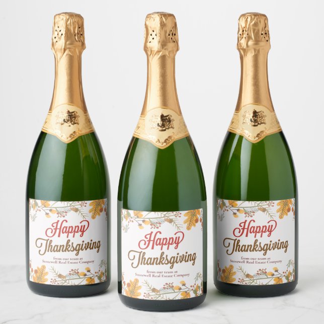 Happy Thanksgiving Chic Fall Leaves Company Party Sparkling Wine Label (Bottles)