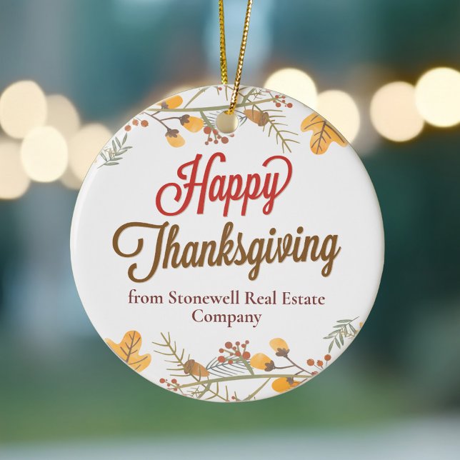 Happy Thanksgiving Chic Fall Leaves Custom Company Ceramic Ornament (Creator Uploaded)