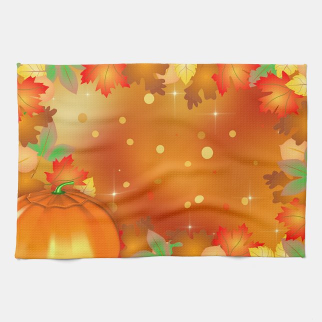 Happy Thanksgiving Colourful Autumn Leaves Kitchen Towel (Horizontal)