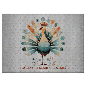 Happy Thanksgiving Colourful Turkey Golden Stars Cutting Board