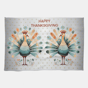 Happy Thanksgiving Colourful Turkey Golden Stars Kitchen Towel