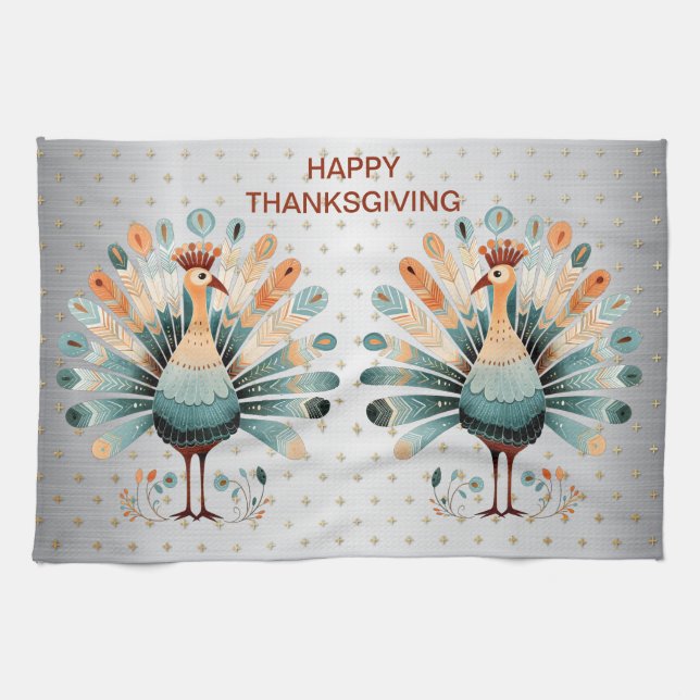 Happy Thanksgiving Colourful Turkey Golden Stars Kitchen Towel (Horizontal)