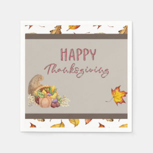 Happy Thanksgiving Cornucopia Basket Fall Leaves   Napkin