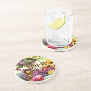 Happy Thanksgiving Cornucopia Fruits Grapes Apple Coaster