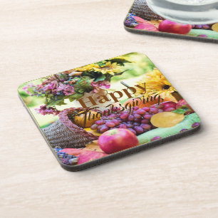 Happy Thanksgiving Cornucopia Fruits Grapes Apples Coaster