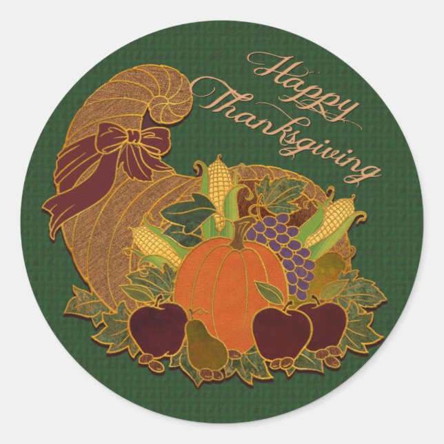 Happy Thanksgiving Cornucopia Green Stickers (Front)
