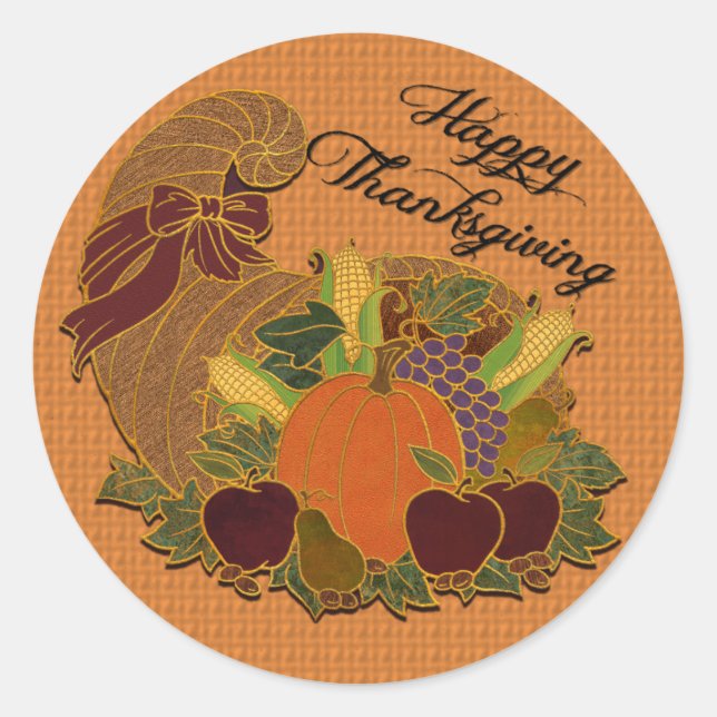 Happy Thanksgiving Cornucopia Orange Stickers (Front)