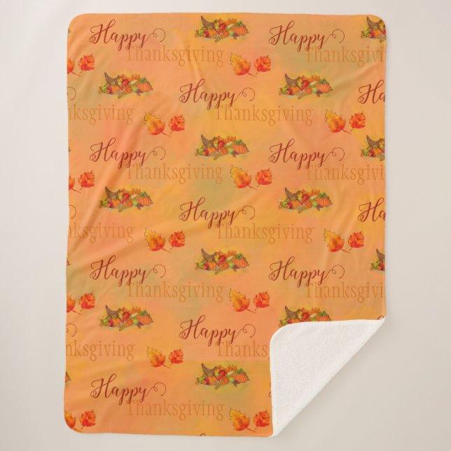 Happy Thanksgiving Cornucopia Sherpa Fleece Blanke Blanket (Front)