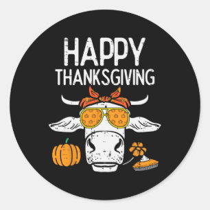 Happy Thanksgiving Cow Fall Autumn Farmer Men Wome Classic Round Sticker
