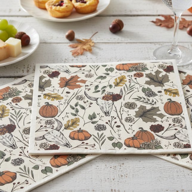 Happy Thanksgiving Cow Skull Fall Harvest Napkin (Elegant Cream Fall Cow Skulls Thanksgiving Paper Napkins. Unique Rustic Pumpkins, Autumn Leaves)