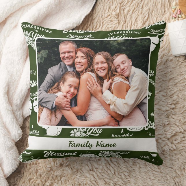 Happy Thanksgiving: Custom Family Photo & Name Throw Pillow (Blanket)
