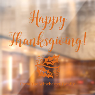 Happy Thanksgiving custom orange script foliage Window Cling