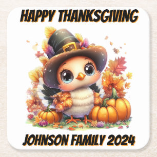 Happy Thanksgiving Cute Baby Turkey Square Paper Coaster