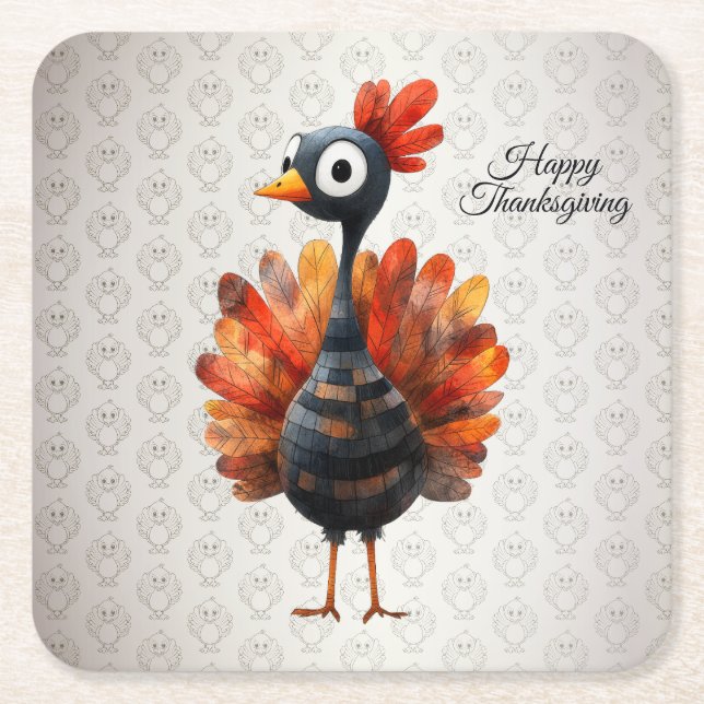 Happy Thanksgiving Cute Colourful Baby Turkey Square Paper Coaster (Front)