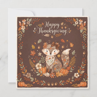 Happy Thanksgiving Cute Fox With Pumpkins Holiday Card