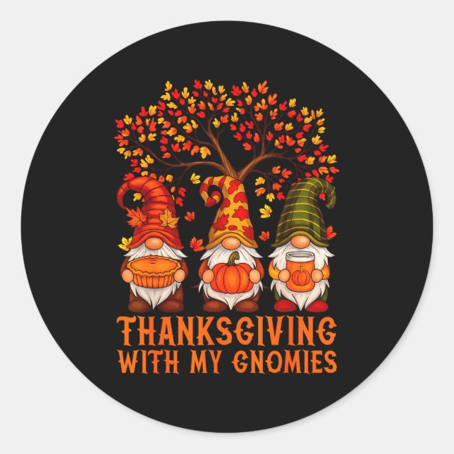 Happy Thanksgiving Cute Gnomes Pumpkin Autumn Leav Classic Round Sticker (Front)