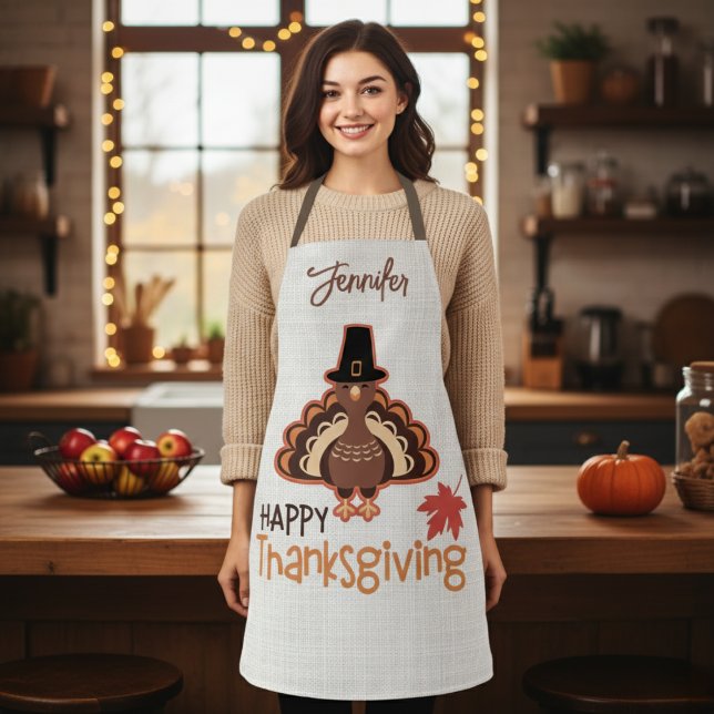 Happy Thanksgiving Cute Pilgrim Turkey Custom Apron (Happy Thanksgiving Cute Pilgrim Turkey Custom Apron. Just add your name!)