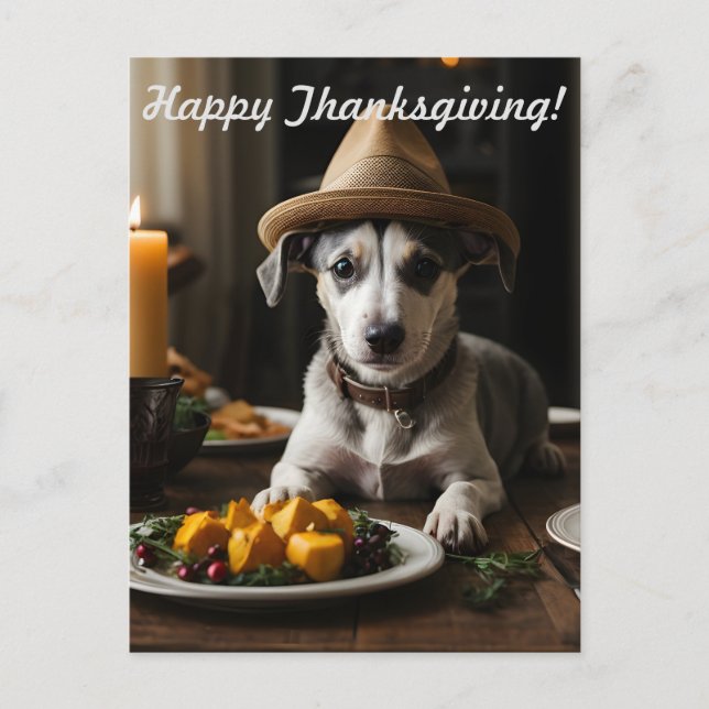 Happy Thanksgiving Cute Puppy With Pilgrim Hat Postcard (Front)