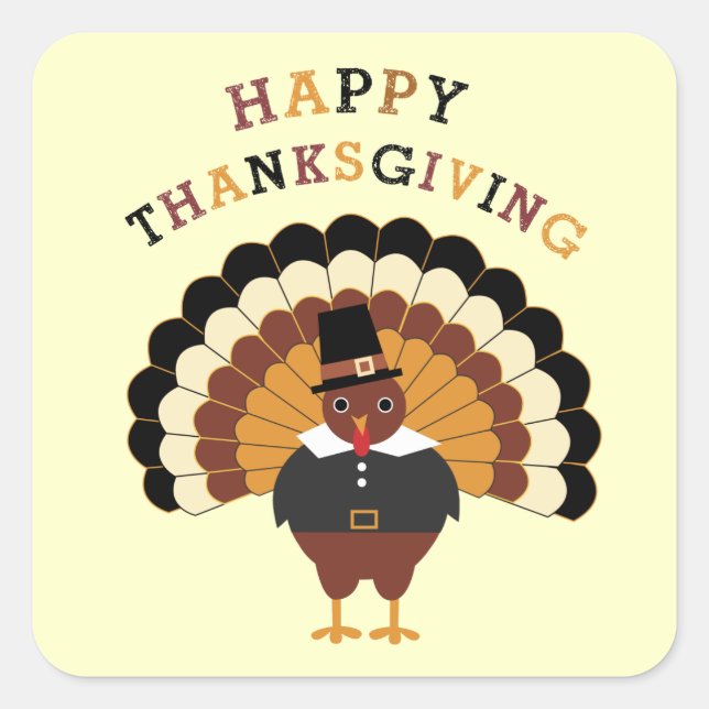 Happy Thanksgiving cute tom turkey square stickers (Front)