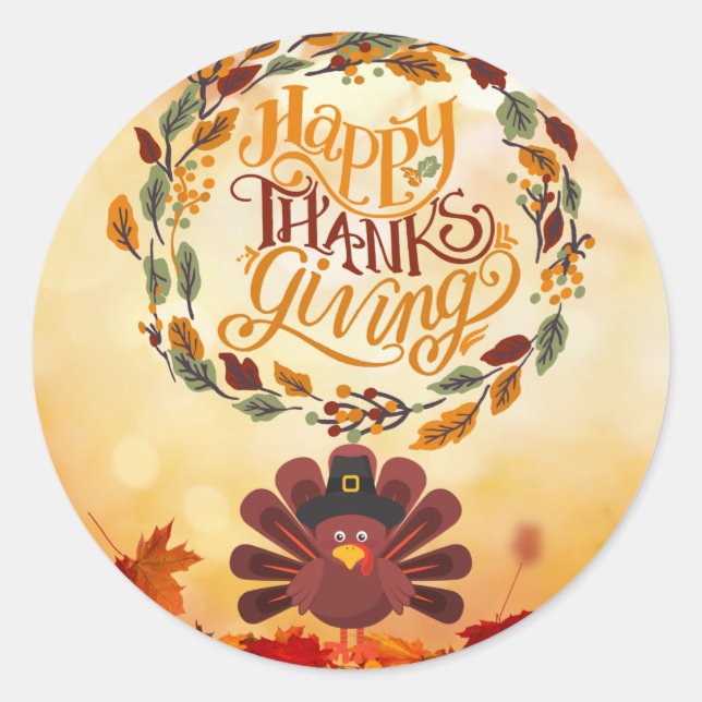 Happy Thanksgiving Cute Turkey and Autumn Leaves   Classic Round Sticker (Front)