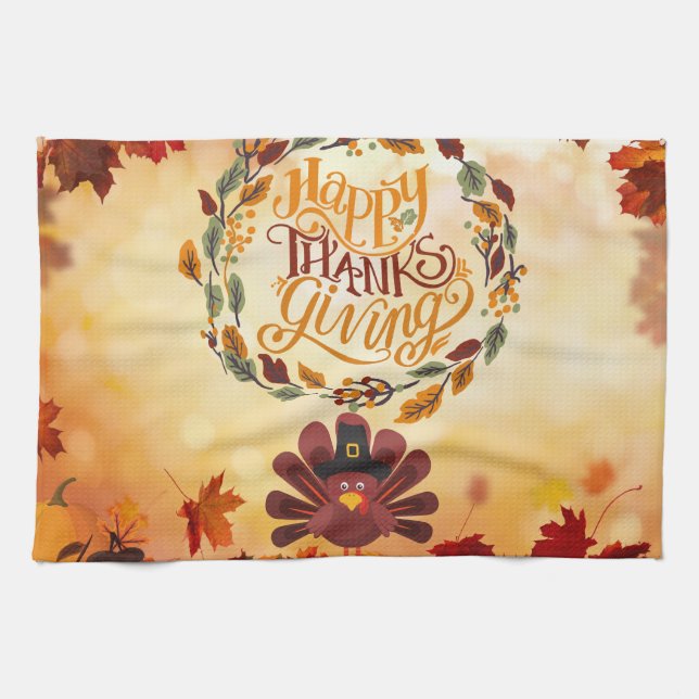 Happy Thanksgiving Cute Turkey and Autumn Leaves   Kitchen Towel (Horizontal)