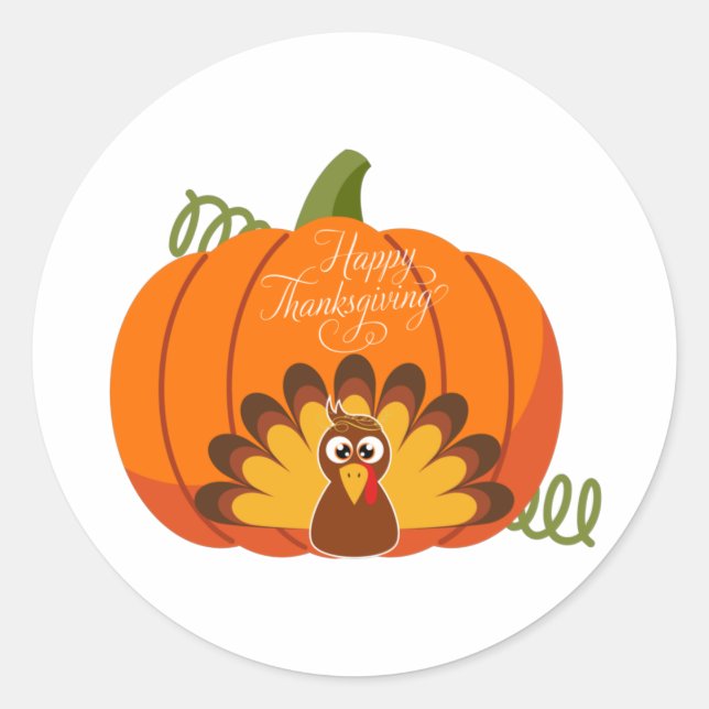 Happy Thanksgiving Cute Turkey and Pumpkin  Classic Round Sticker (Front)