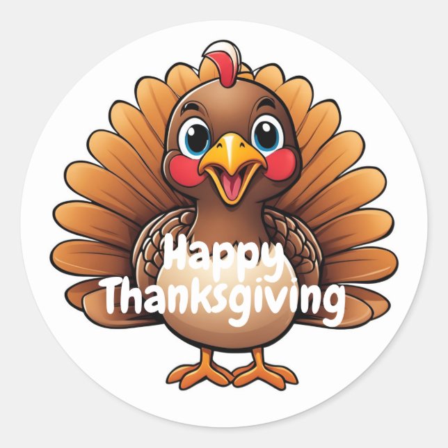 Happy Thanksgiving Cute Turkey Classic Round Sticker (Front)