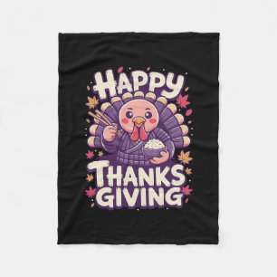Happy Thanksgiving Cute Turkey With Rice Japanese  Fleece Blanket