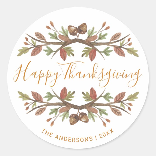 HAPPY THANKSGIVING CUTE WATERCOLOR FALL FOLIAGE CLASSIC ROUND STICKER (Front)