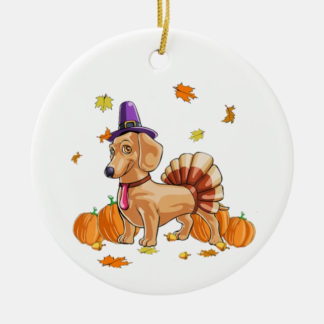Happy Thanksgiving Dachshund Turkey Costume T  Fun Ceramic Ornament (Front)