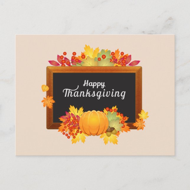 Happy Thanksgiving day autumn leaves and pumpkin Holiday Postcard (Front)